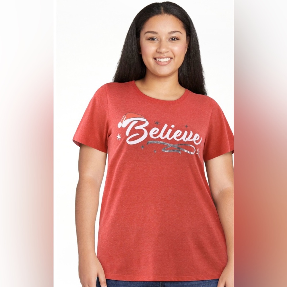 Holiday Time Women's Red ‘Believe’ Graphic Tee! NWT! Size XL 16-18